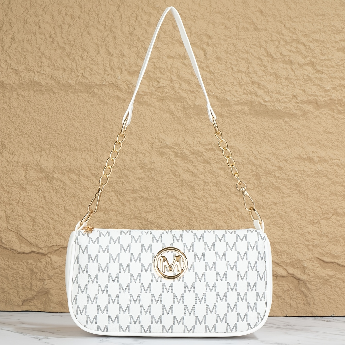 TEMU Women's Bags M Letter Old Flower Underarm Bag, Pu Material, M Logo + Chain Stitching Shoulder Strap, Versatile And Not Easy To , Single