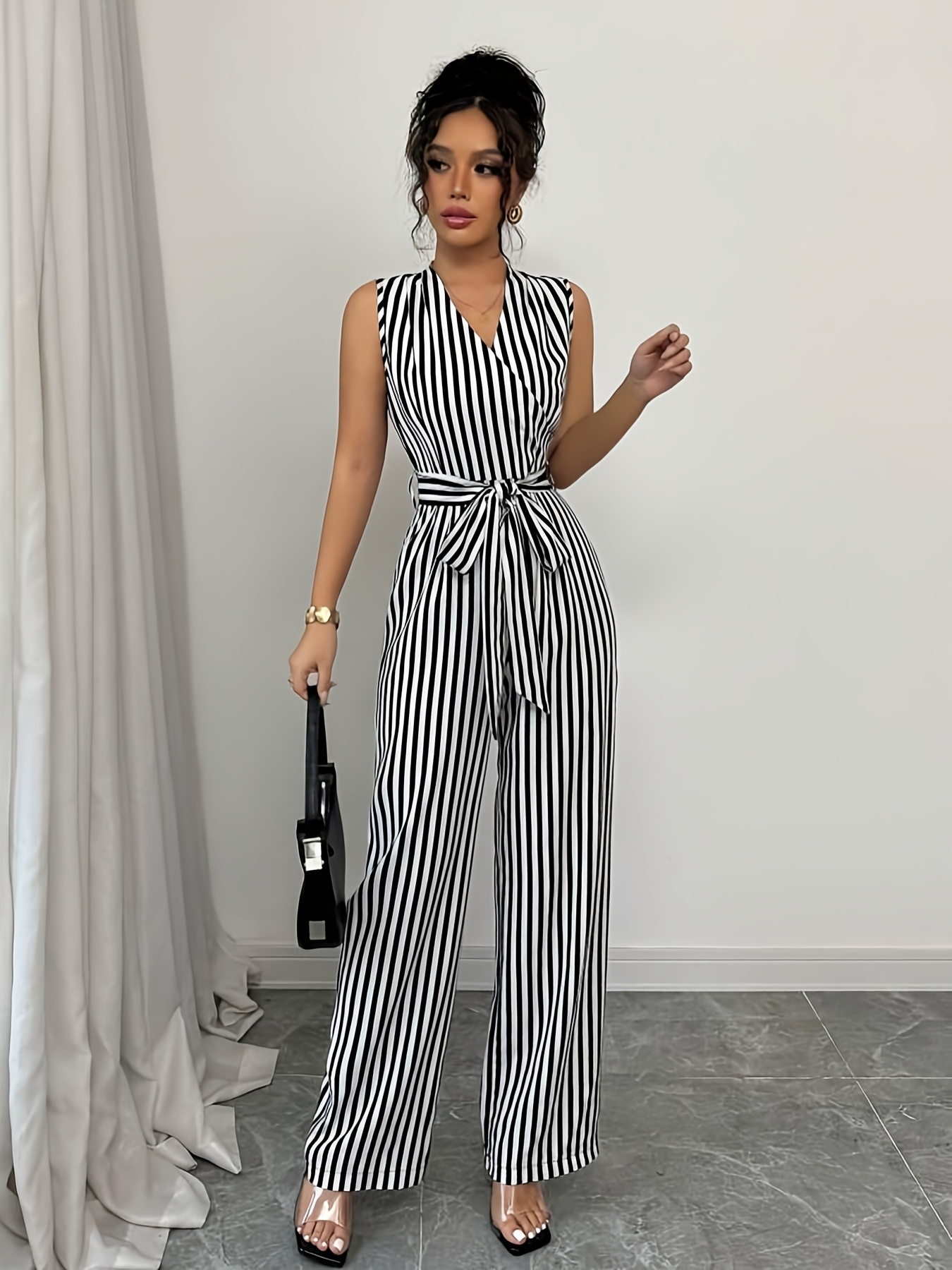 women's striped print wide leg jumpsuit belt elegant Temu Malaysia