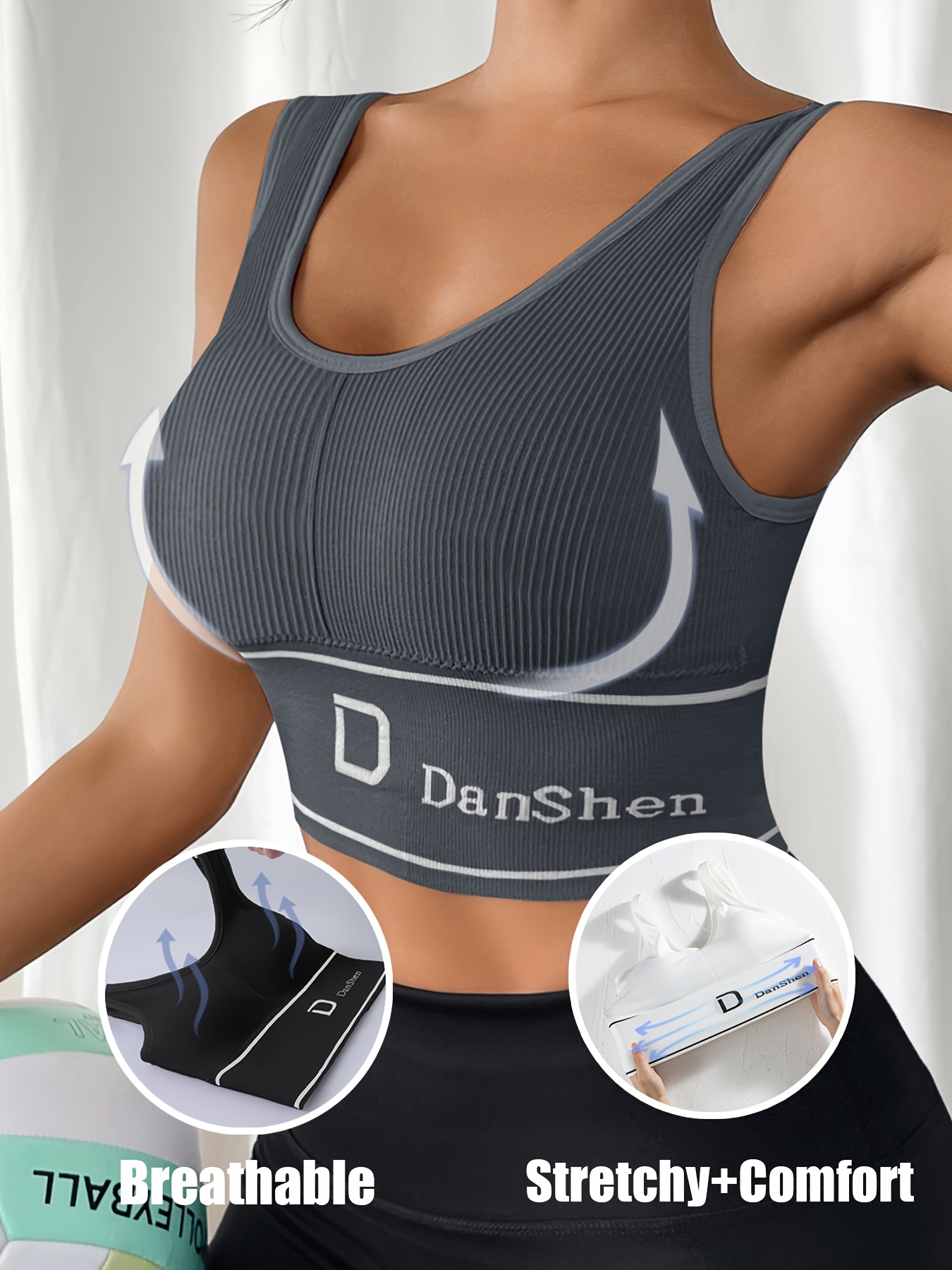 DanShen Women's High-Support Sports Bra - Wireless, Padded, Stretchy Nylon Blend for Yoga & Running, Mint Green Ribbed Design with White Logo, Machine Washable