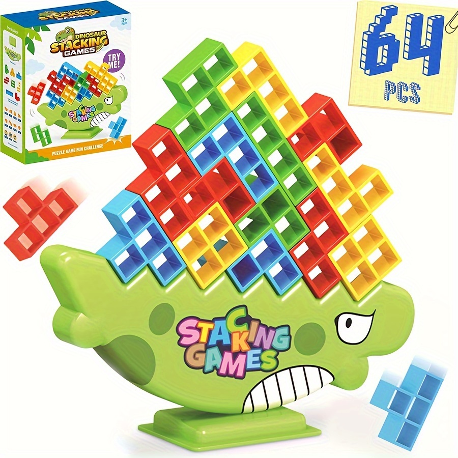 Juego de Equilibrio de Torre Tetra de Dinosaurios de 64 Piezas para 2+ Jugadores, Juego...