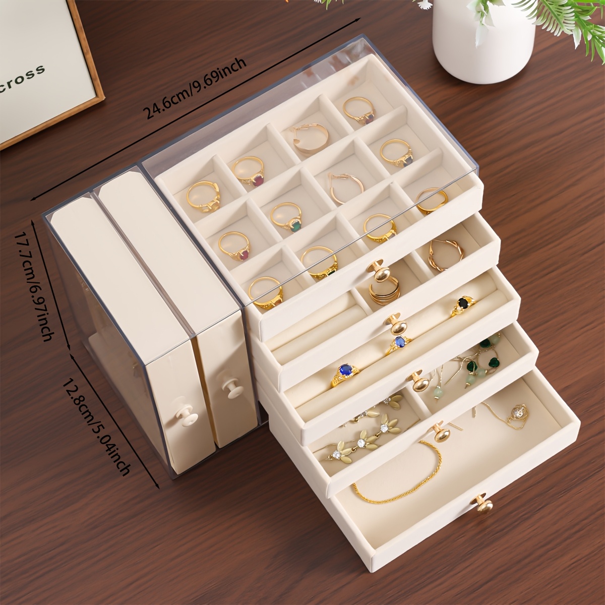 large capacity jewelry organizer box with multiple compartments for earrings rings necklaces bracelets durable plastic desktop storage box with golden handles polished   fabric lined interior ideal for valentines day christmas gifts jewelry gift box jewelry boxes Product details 2