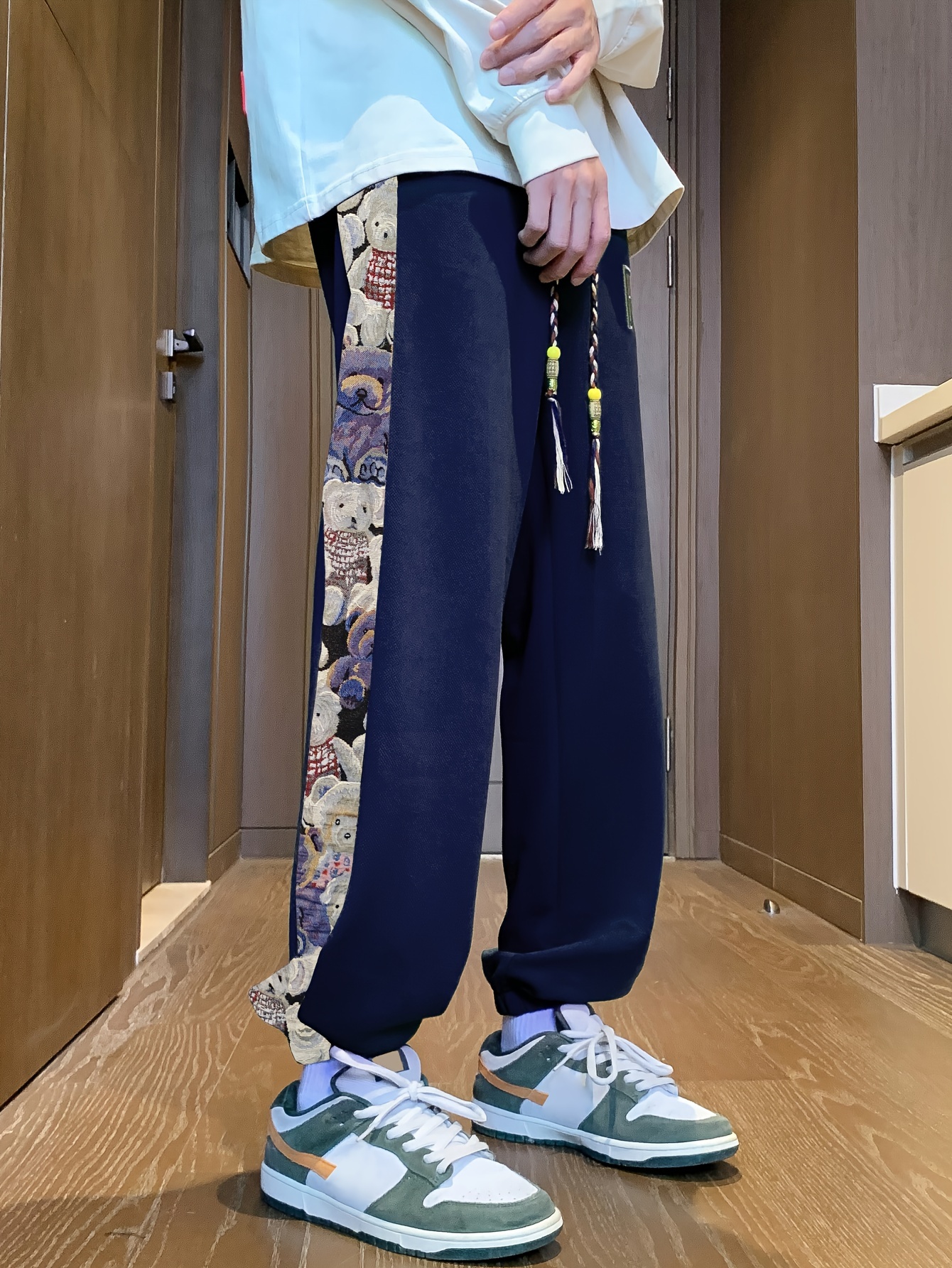 Creative Bear Print, Erkek Fermuarlı Terlik Pantolonu, Rahat Jogger Pantolonu, Erkek Giyim