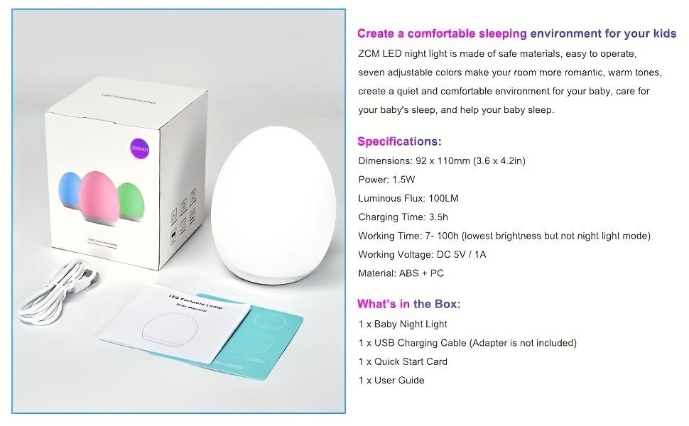 Rechargeable Egg-Shaped Night Light with 7 Color Modes, Adjustable Warm White LED, Suitable for Teen Sleep, Touch Control And Timer - Up to 100 Hours of Battery Life