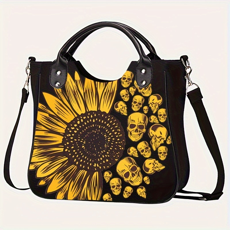 Sunflower Skull Print Canvas Tote Bag, Fashionable Halloween Shoulder Bag, Versatile for Shopping, Work, Books, with Adjustable Strap, Black, Polyester Lining, Zip Closure, Faux Leather Trim