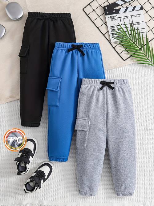3pcs boys solid color casual cargo pants warm jogger pants for autumn and winter outdoor boys clothing for outdoor