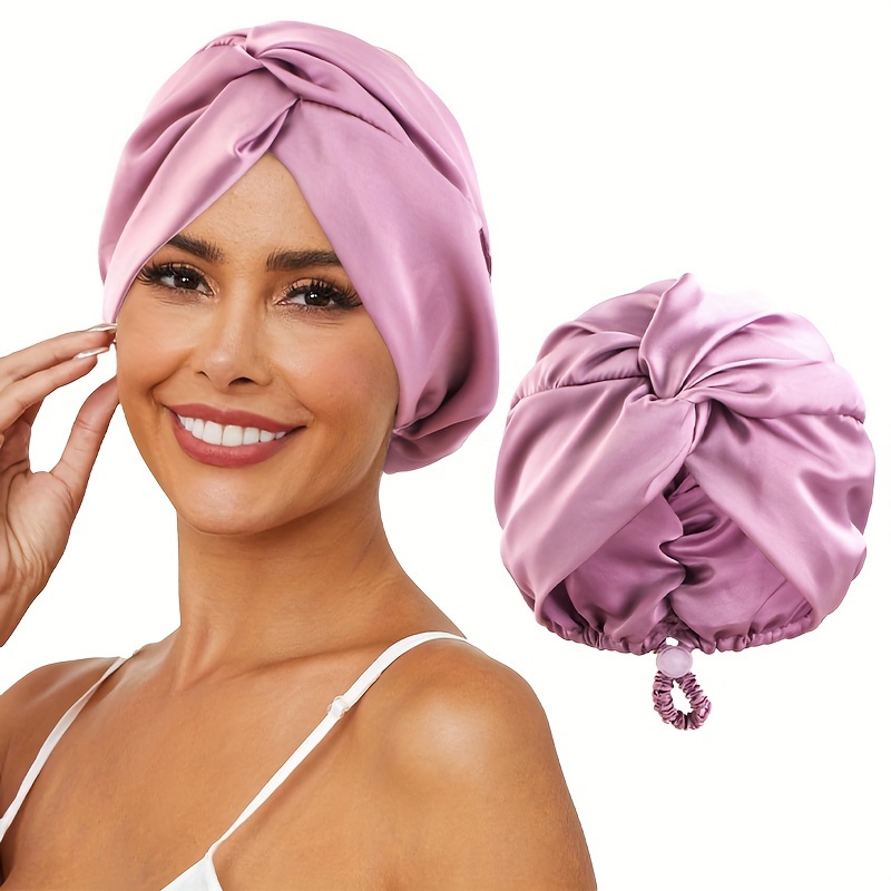 

Luxurious Purple Satin Sleep Cap With Adjustable Drawstring - Silky Twist Knot Hair Bonnet For Curly & Normal Hair, Fragrance-free Polyester Knit, Ideal For Hair Care & Protection