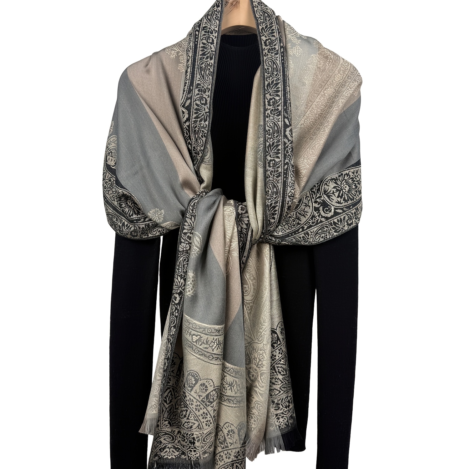 TEMU Damen Schal in Grau & Beige mit Paisley-Jacquardmuster, weicher warmer Pashmina-Schal mit Fransen für Herbst Winter