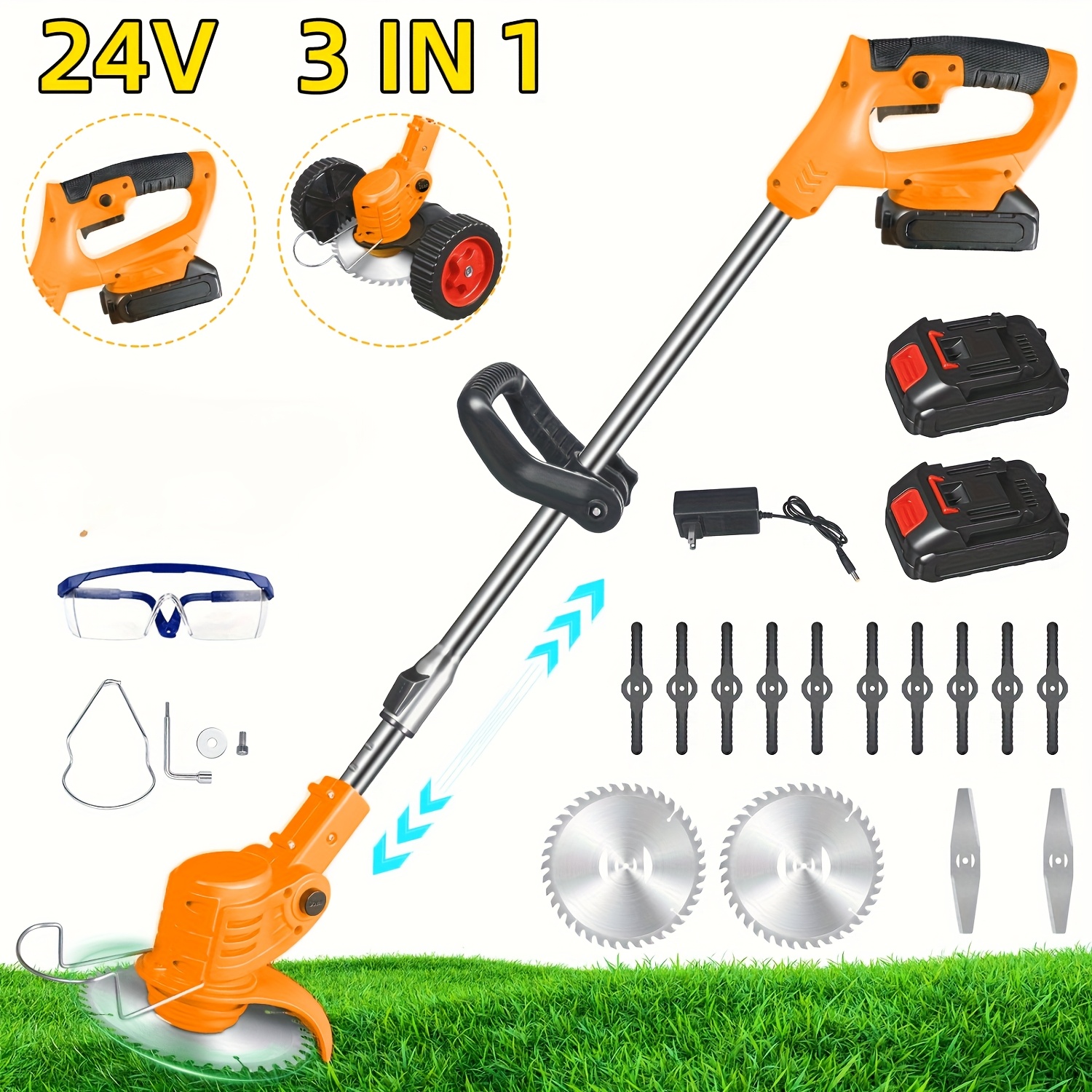 item picture electric roller mower electric   eater cordless 1500mah battery operated   trimmer 3 types cutting blade lightweight electric grass cutter fast charger portable lawn trimmer for yard garden yellow