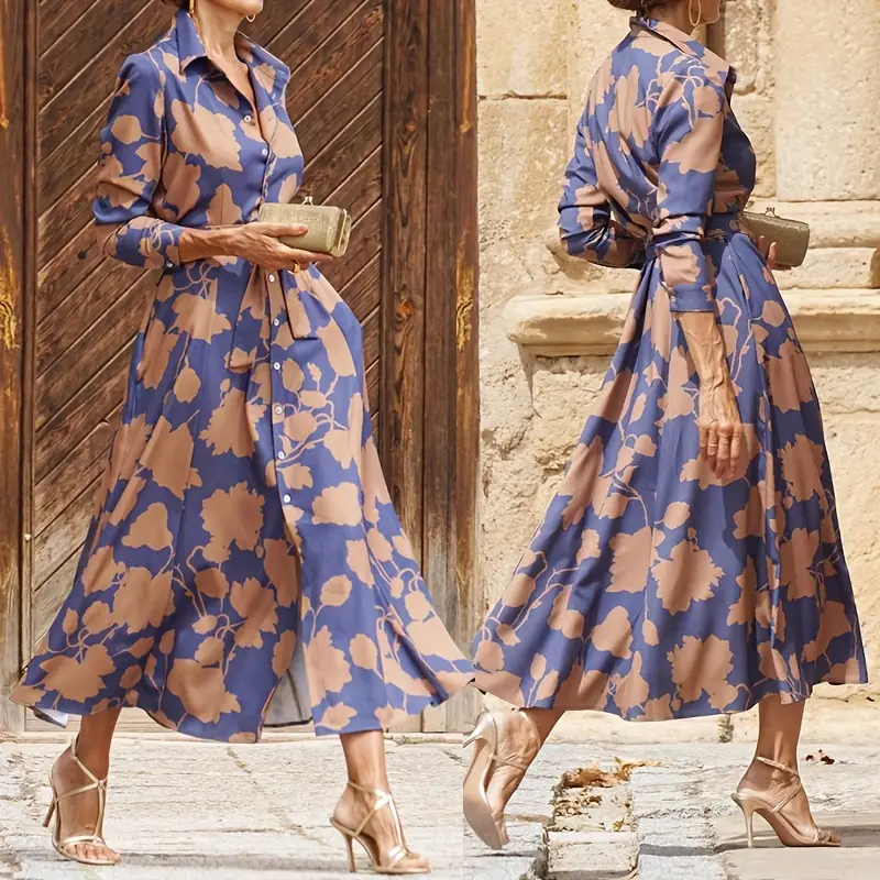 womens elegant floral print waist dress long formal casual maxi dress with adjustable waist belt flared hem brown blue floral pattern office party everyday outfits fall winter womens clothing cute dresses sophisticated style silhouette material fashionconscious women Product details 0