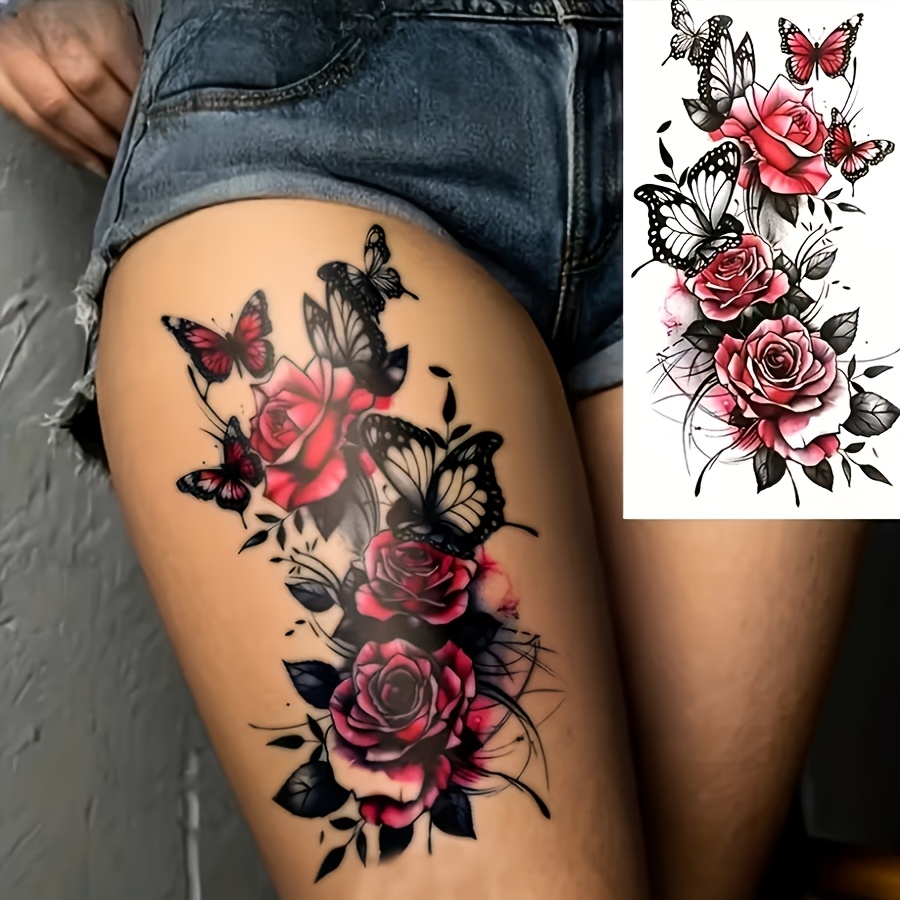 TEMU 1 Sheet Of A Large Floral Temporary Tattoo Sticker Featuring A Waterproof Design Of Roses And Butterflies, Suitable For Body Art On The Thigh,