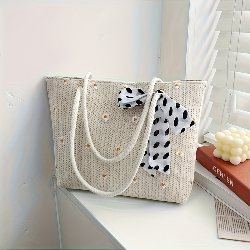 women's summer tote bag - straw woven fabric with polka dot bow and daisy embellishments, beige handbag with golden buttons, removable shoulder strap suitable for casual or formal occasions, grass texture, | Shop On Temu And Start Saving | Temu Sri Lanka