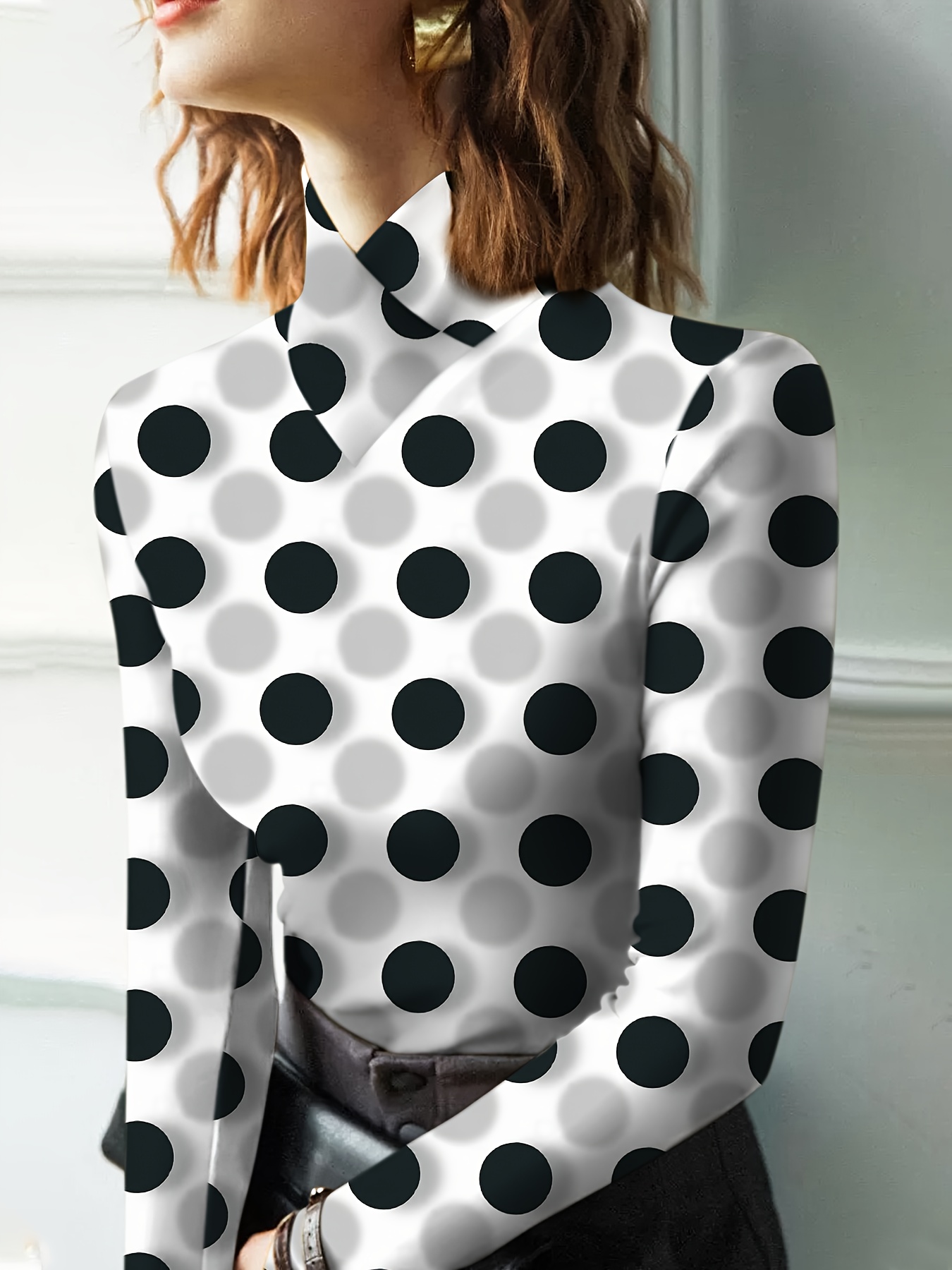 Women's All-Over Black & White Polka Dot Print T-Shirt with High Neck Collar & Cross-Over Back Design - Mid-Stretch Machine-Washable Top for Year-Round Casual to Semi-Formal Outfits