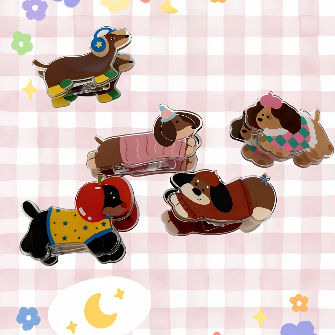 TEMU 5pcs Cute Dachshund Pp Clips, Cartoon Sealing Clips, Suitable For Students And Acrylic Organization, School Supplies, File Storage, Cartoon