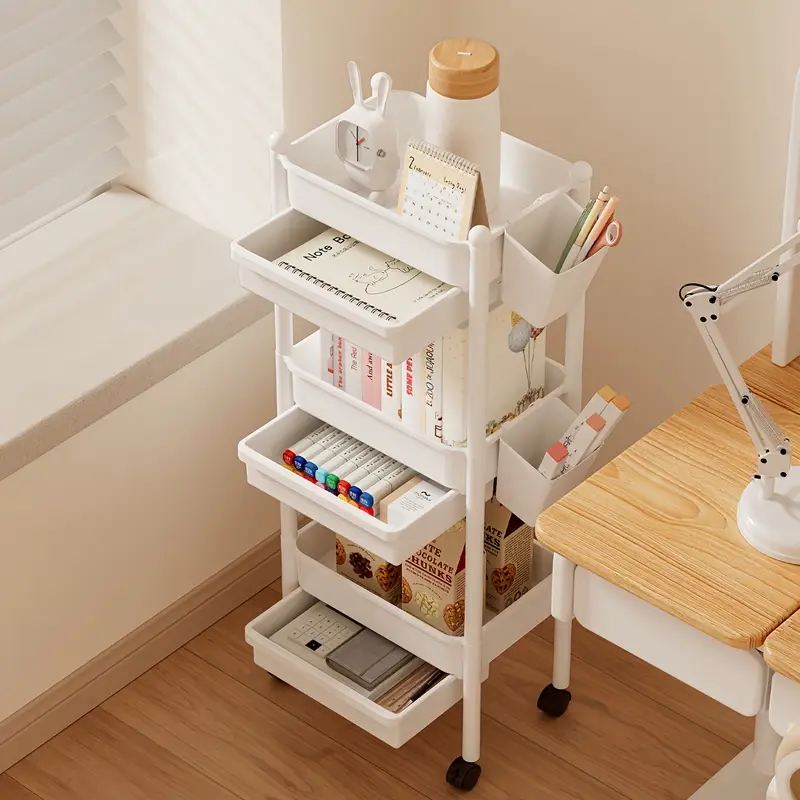 3-tier rolling bookshelf with 2 pen holders, supply organizer, assembly multi-functional storage rack for home or classroom, white, versatile shelving unit, , quality materials Product details 3