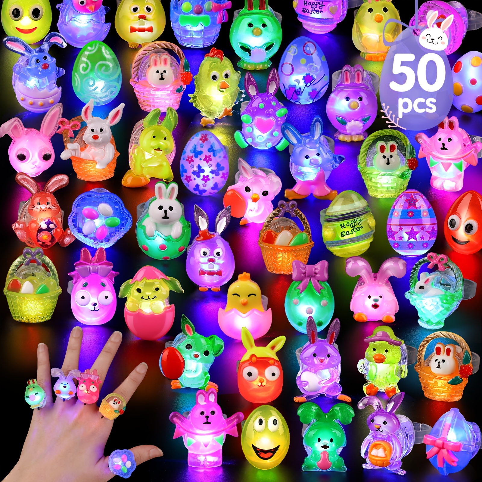 

50pcs Vibrant Easter Led Light-up Rings - Non-candy, 3d Flashing Egg & Animal Designs - For Of All - Ideal For Easter Parties, Spring Celebrations & Basket Fillers, Candyland Decorations