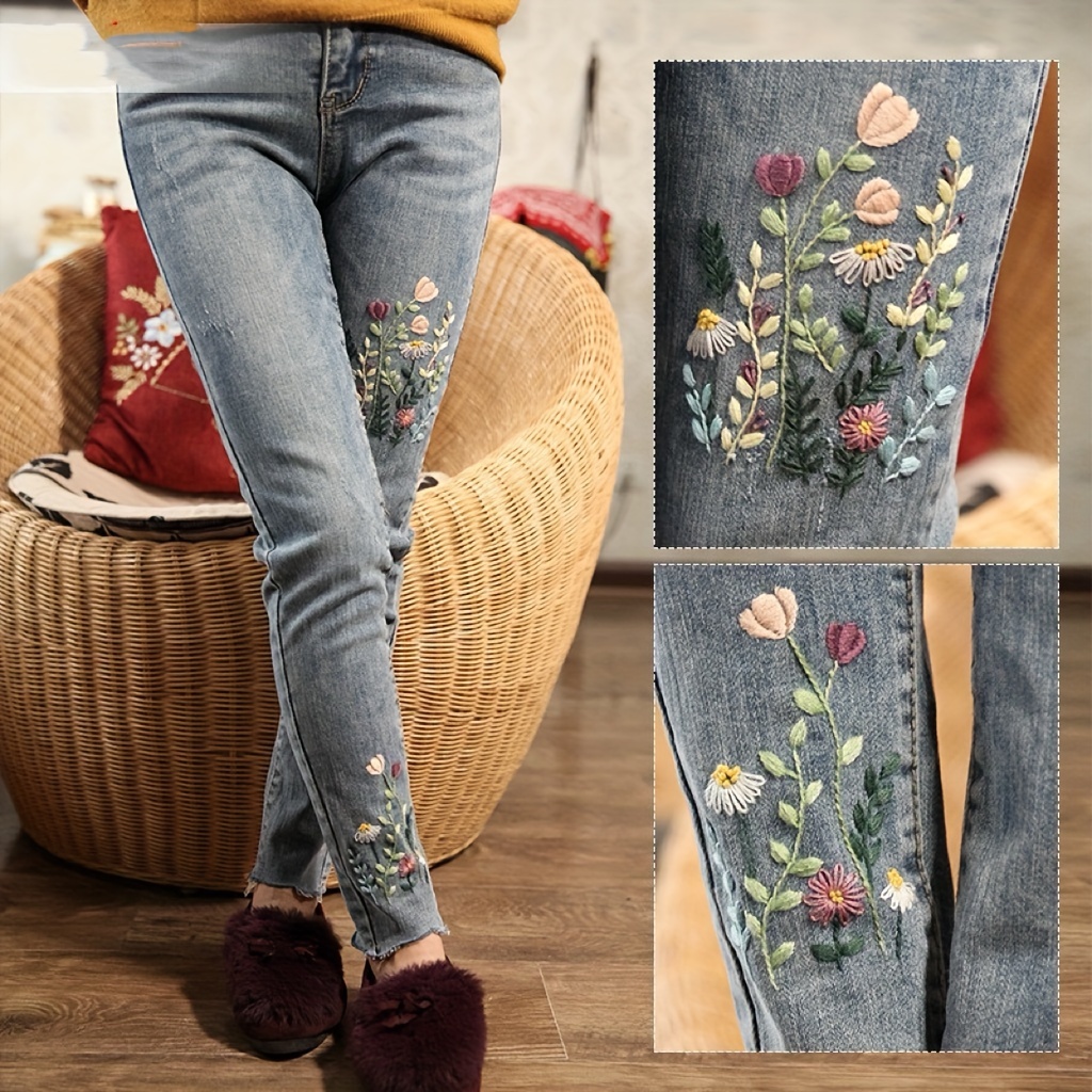 

Diy Embroidery Kit With Self-adhesive Stickers, Tools & - Cute Floral Plant Design Patches For Clothing Customization, Picture Embroidery, Needles, Embroidery , Flowers Theme