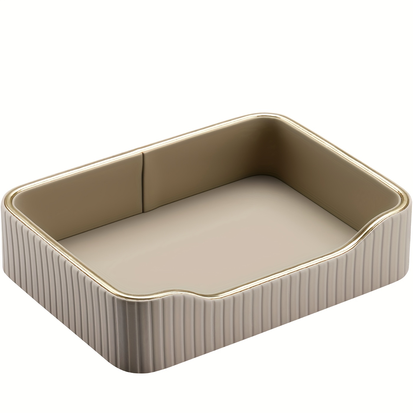Image of Luxury Golden-trimmed Pu Leather Small Storage Tray, Vertical Stripe Leather Desktop Decorative Organizer Tray, Non-food Contact