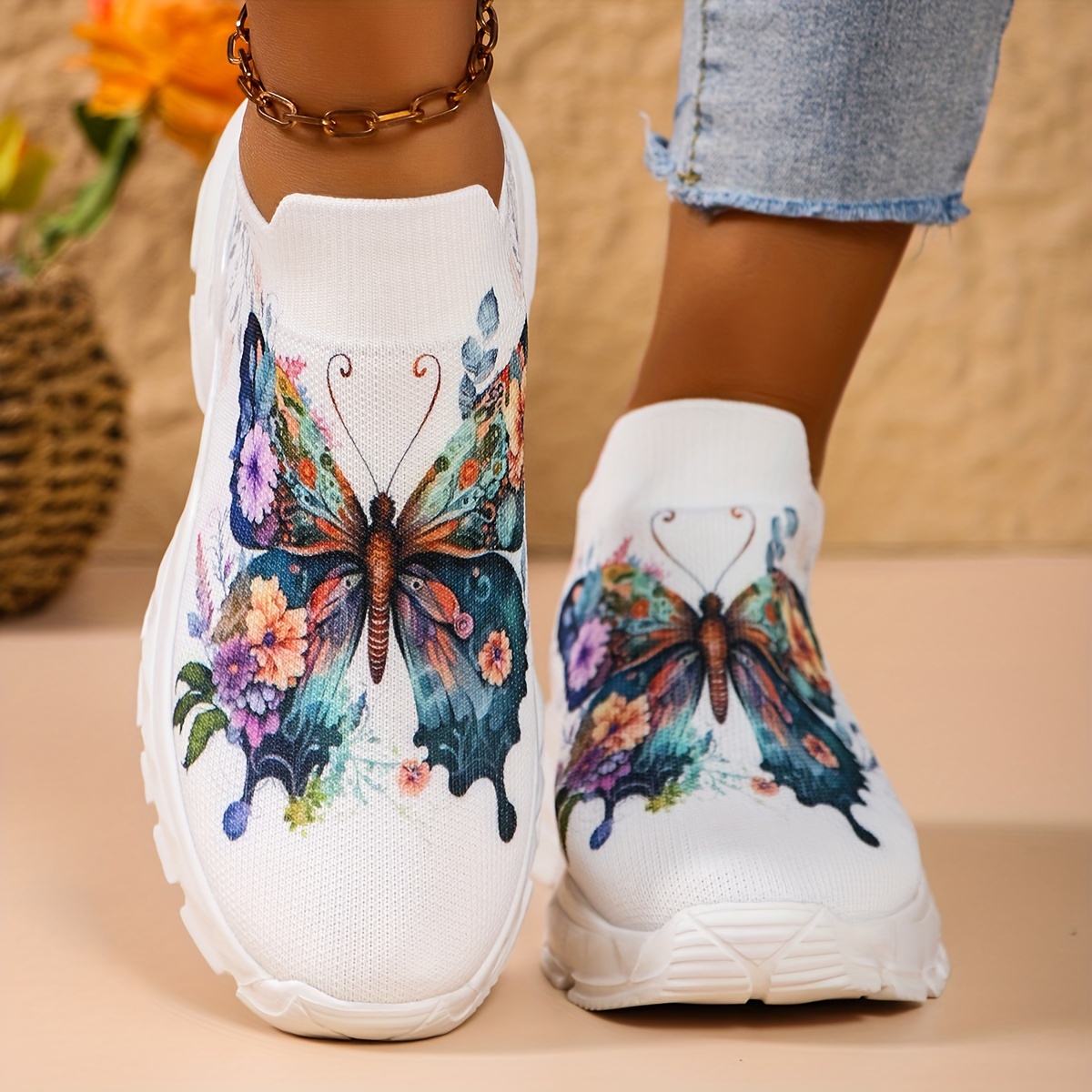 

Floral Butterfly Print Women's Sneakers, Lightweight & Breathable Athletic Shoes, Fashion Casual Sports Footwear For Daily Wear