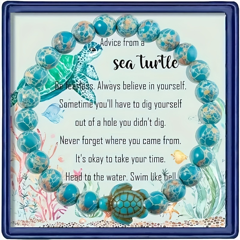 

1pc 8mm Natural Imperial Turquoise Bead Bracelet With Sea Turtle Charm - " A Sea Turtle" Inspirational Message, Ideal Gift For Turtle Enthusiasts, , Turtle Decor