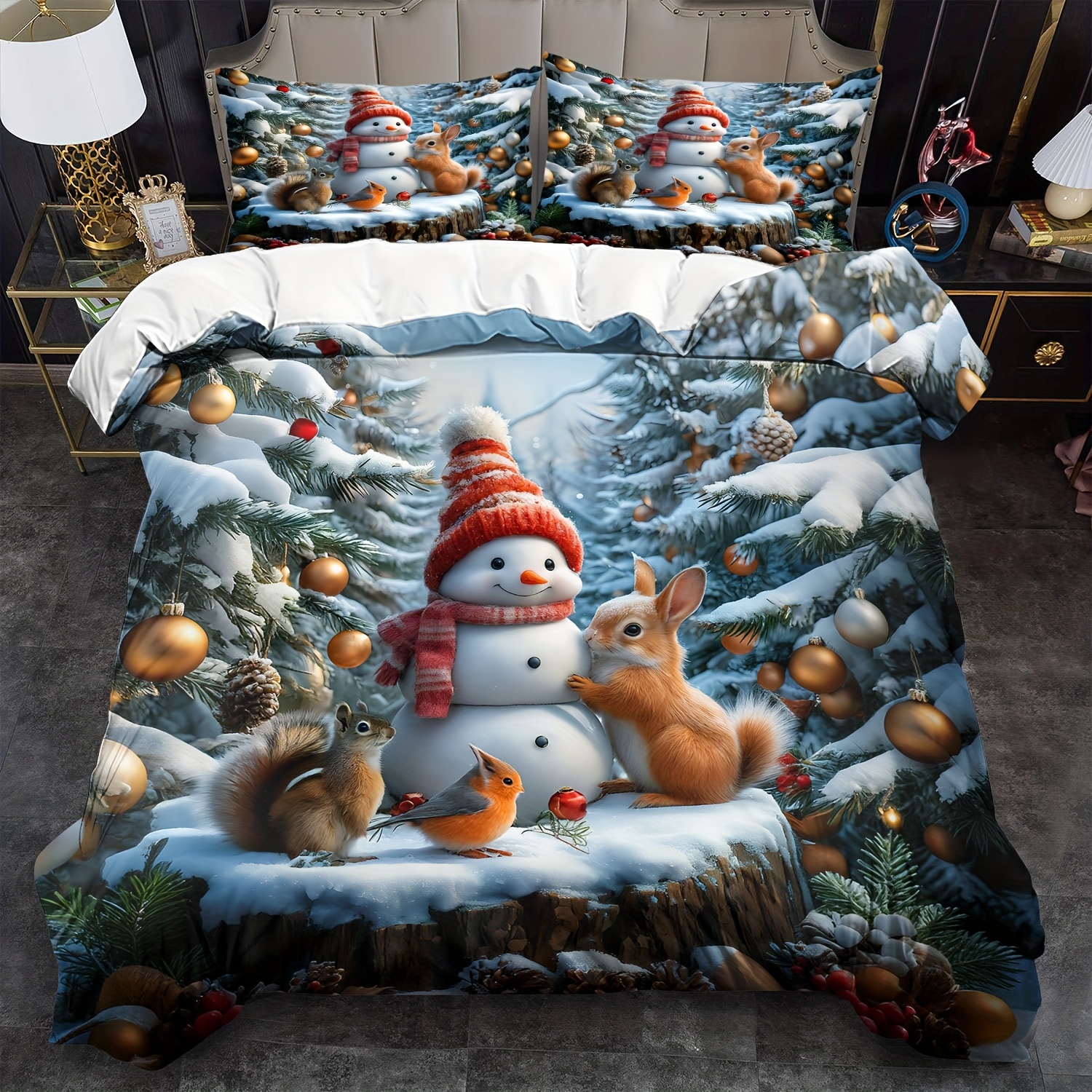 TEMU Animal Bedding Squirrel Duvet Cover Set Christmas Halloween Decor (includes 1pc Duvet Cover + 1/ 2pcs Pillowcases) Snowman Comforter Cover