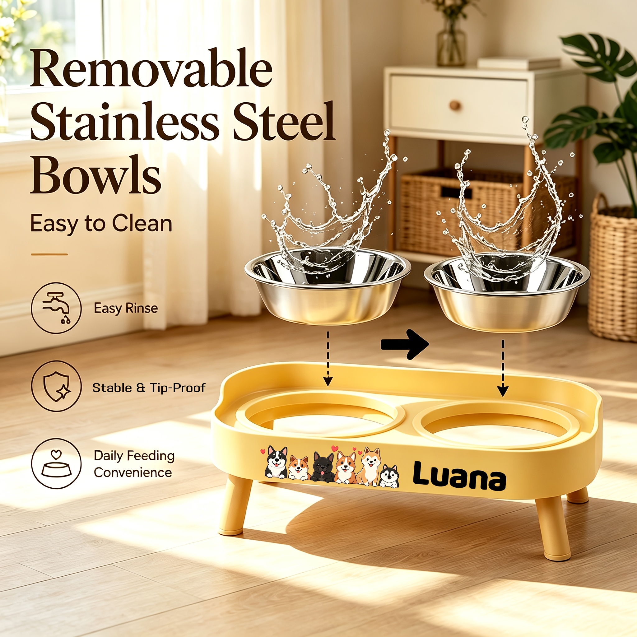 Raised Double Bowl Feeder with Custom Pet Name