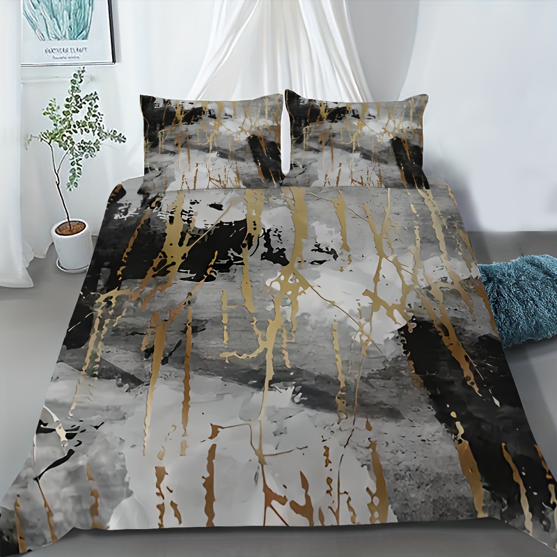 TEMU 3pcs Duvet Cover Set, 1 Duvet Cover And 2 Pillowcases, Golden Abstract Art Pattern Duvet Cover Set, , Full/queen/king Size, , Farmhouse Bedding