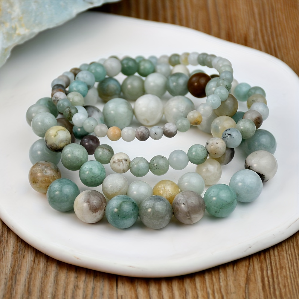 TEMU 4pcs Set Of Natural Amazonite Round Bead Elastic Bracelet, Boho Style, With Natural Stones, Suitable For Or