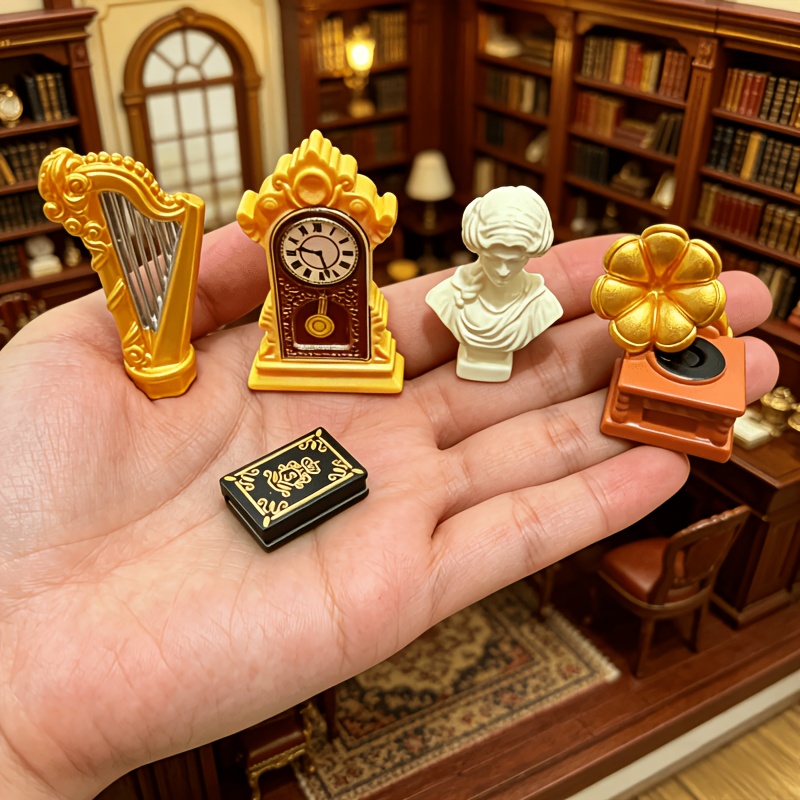 TEMU 5pcs European Vintage Home Decor Set - 1:12 Scale Miniature Vintage Clock, , Floral Gramophone, Mini Books, Classical Figurine, Suitable For