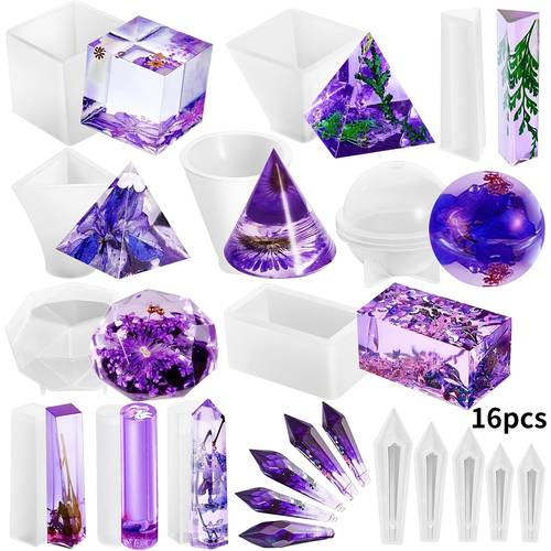 16pcs 17pcs silicone casting molds for including pyramids spheres cones and gemstone shapes durable flexible reusable molds for making pendants ornaments and crafts