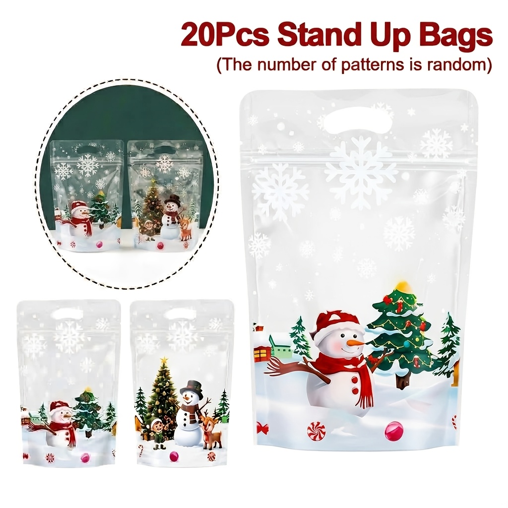 TEMU Lot de 20 sacs cadeaux de Noël debout de styles mixtes, styles aléatoires, inclut des sacs d'emballage cadeau imprimés Père Noël, de neige et