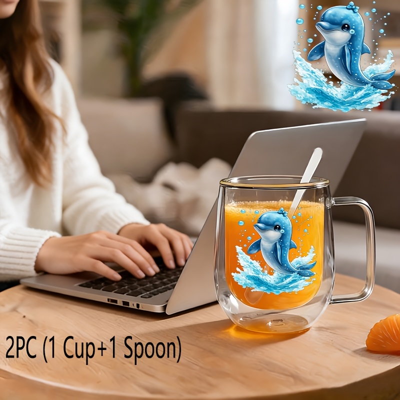 TEMU 2pcs (1 tasse en verre + 1 cuillère), Gobelet d'eau réutilisable en borosilicate à double paroi isolée avec poignée, Grande , Mug à café