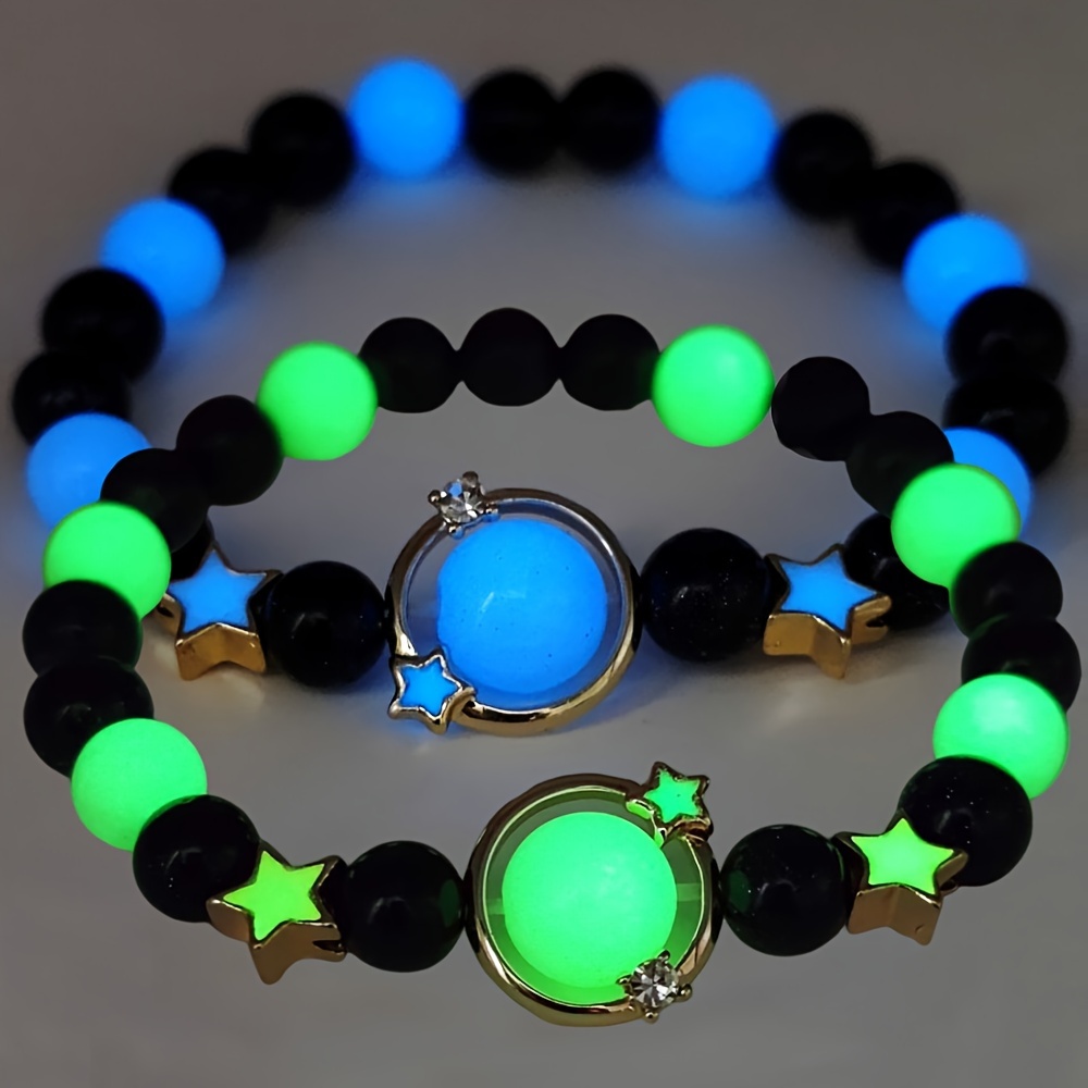 

2pcs/set Unique Design Luminous Star Bracelet, Perfect For Both Men And Women, Obsidian Stone, Natural Glowing Bracelet At Night