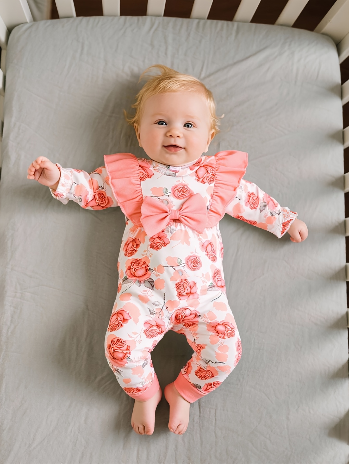Spring/Autumn Newborn Baby Girl's Romper, Long Sleeve Bodysuit with Butterfly Waist and Flutter Sleeves, Full Print Rose Flower Romantic Fabric, Stretchy Soft Comfortable, Valentine's Day Outdoor Daily Dual-Use, Perfect for Outdoor