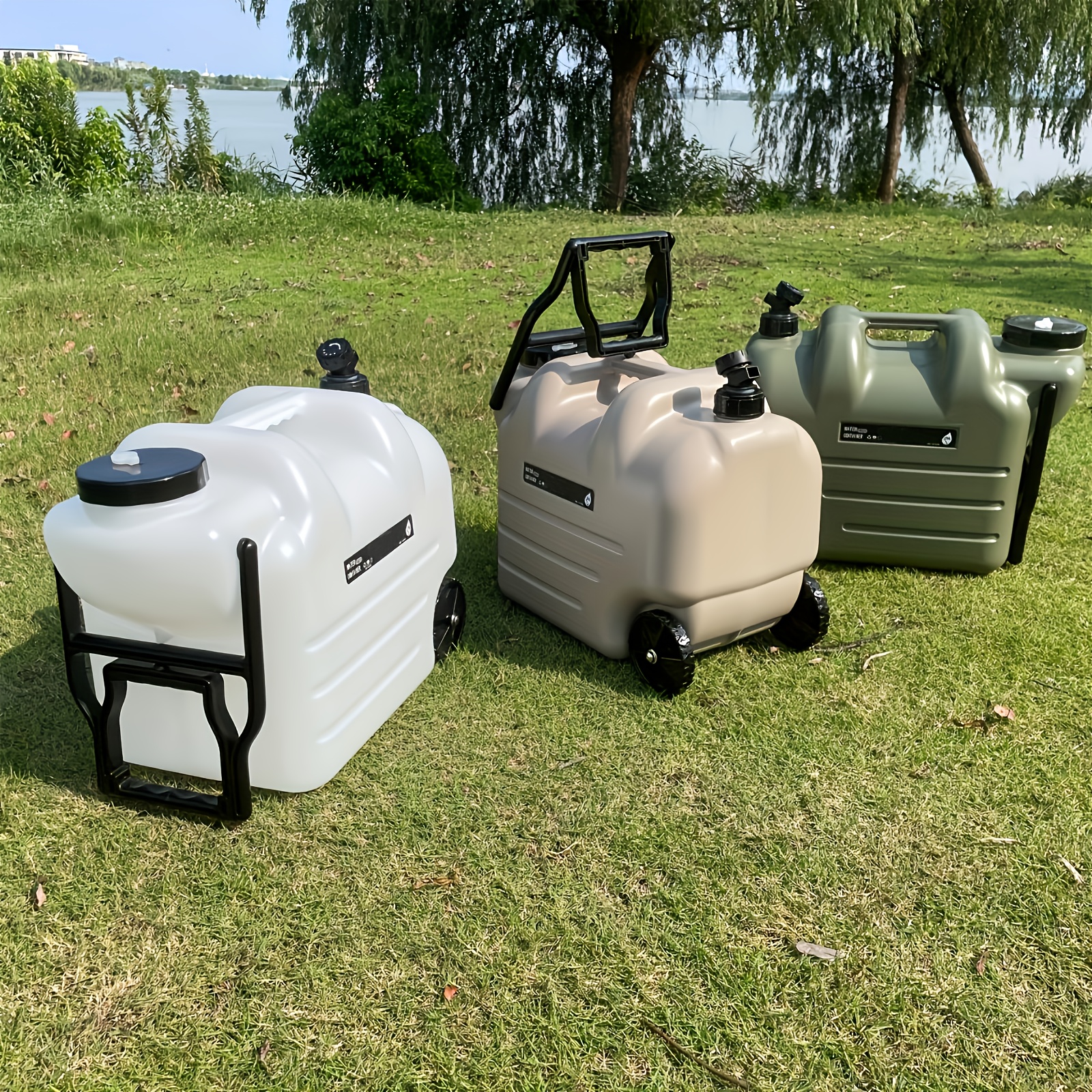 [Portable Water Bucket] 7.4 Gal Portable Water Bucket with Wheels & Pull Rods | Large Capacity PE Square Container, Olive Green with Black Wheels for Camping, Hiking, and Picnics | Outdoor Water Transport, Transportable Water Storage, Durable PE Material