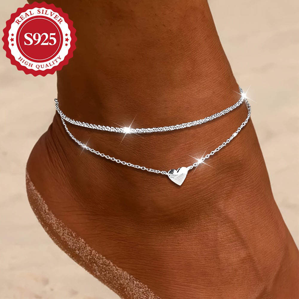 

S925 Sterling Silver Double Layer Glittering Heart Anklet For Women, Sexy Fashion Foot Jewelry, & Christmas Gift, Silver Plated, Lightweight 2.46g