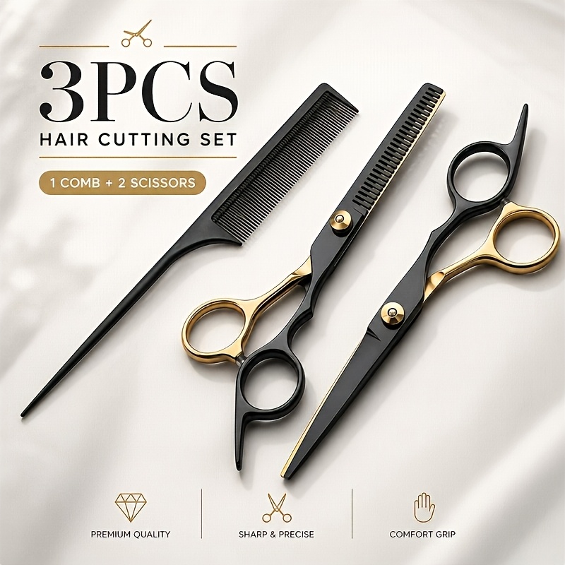 TEMU Kit de 3 pièces de ciseaux de coiffeur professionnels avec peigne à queue, ciseaux à effiler et ciseaux droits de coupe inclus, outils de coupe