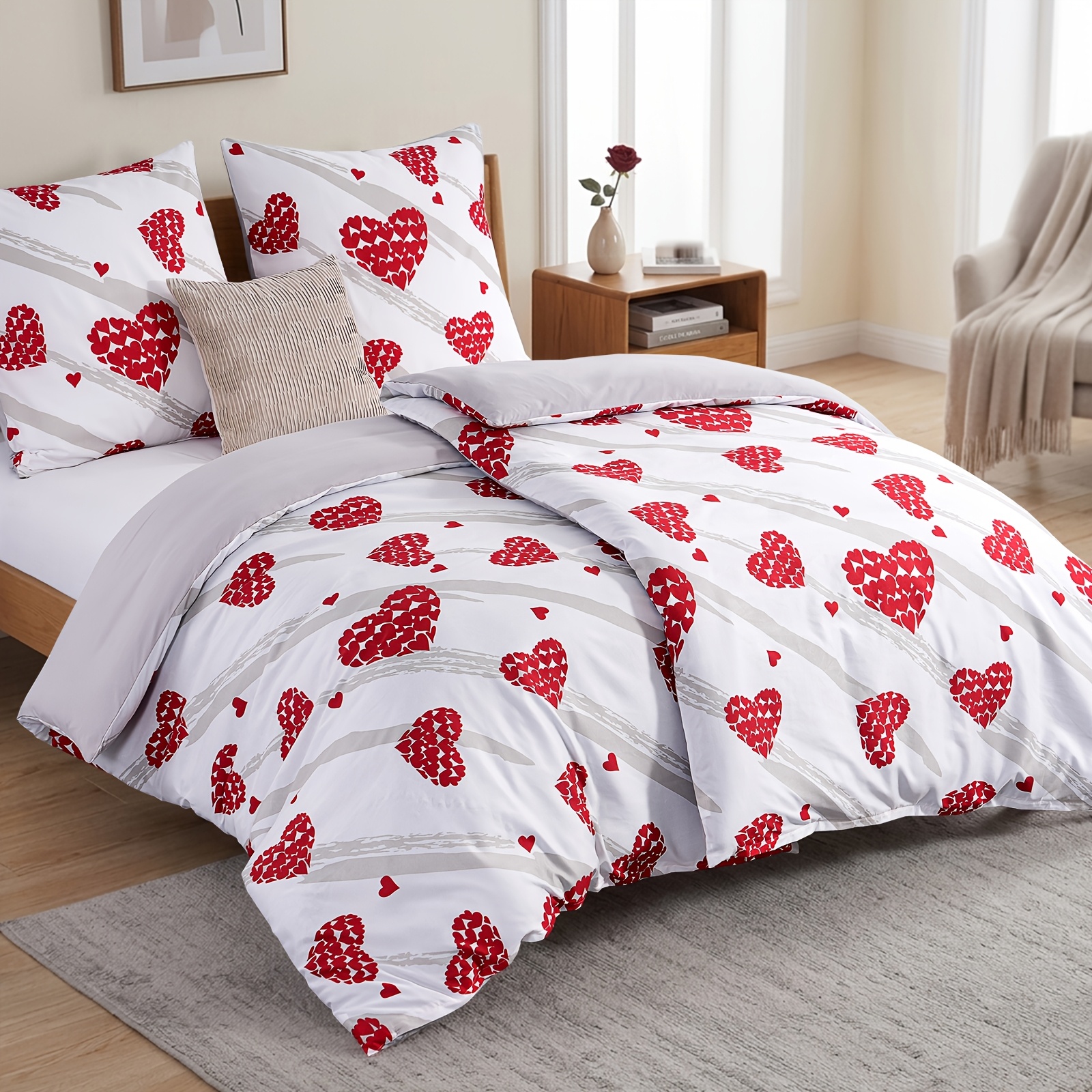 Image of Bedding 135x200cm, 4pcs, Duvet Cover - Bedding 135 X 200cm, Heart Pattern, With 2 Pillowcases 80x80cm, 2pcs Duvet Cover With Zipper, Non-iron And Soft
