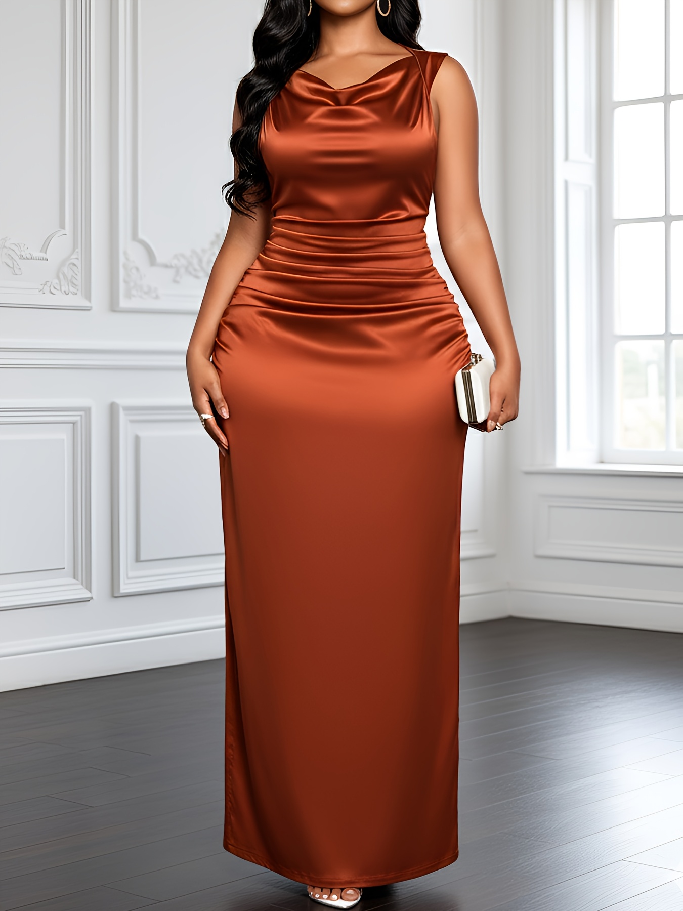 Plus Size, Spring/Summer Solid Color Satin Long Dress with Draped Collar  and Ruched Waist Design, Elegant Evening Party Gown for Women