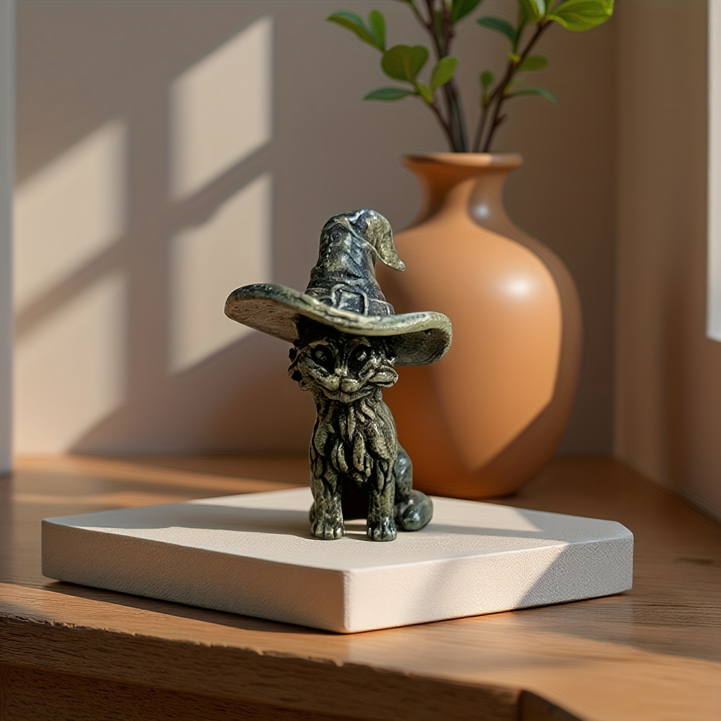 TEMU 1pc Solid Brass Cat Statue - Magical Cat With Wand & Hat, Detailed , No Electricity Needed, Home Decor, Office, Or Gift, For Halloween,