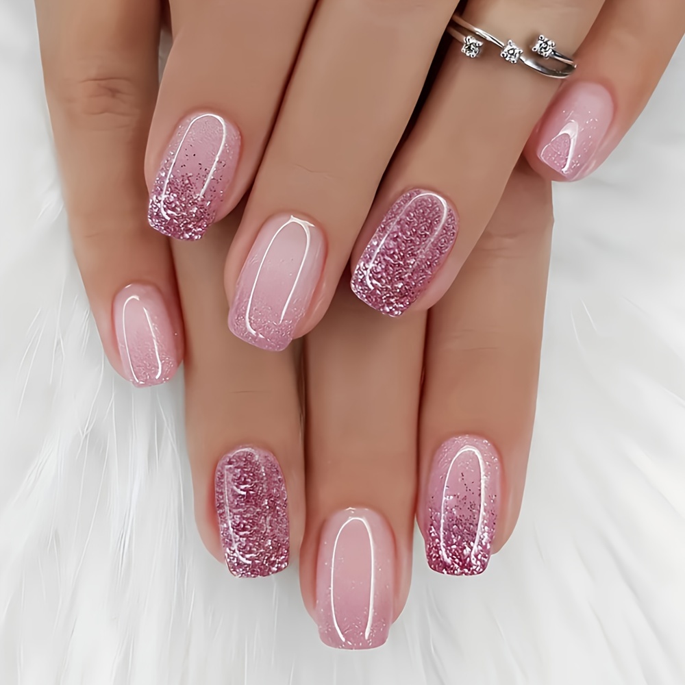 

24pcs Set Of Pink Press-on Nails - Short Square, Reusable Glitter False Nails For Women And Girls, Cute Nails, Fake Nails,