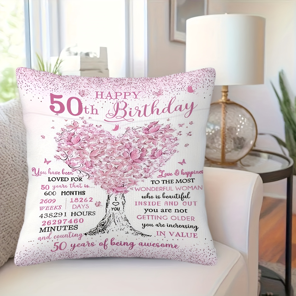 TEMU 1pc 50th Birthday Floral Decorative Pillow Cover - Soft Plush Zipper Closure, Hand Wash Only, Design For Sofa Bedroom Living Room Office -