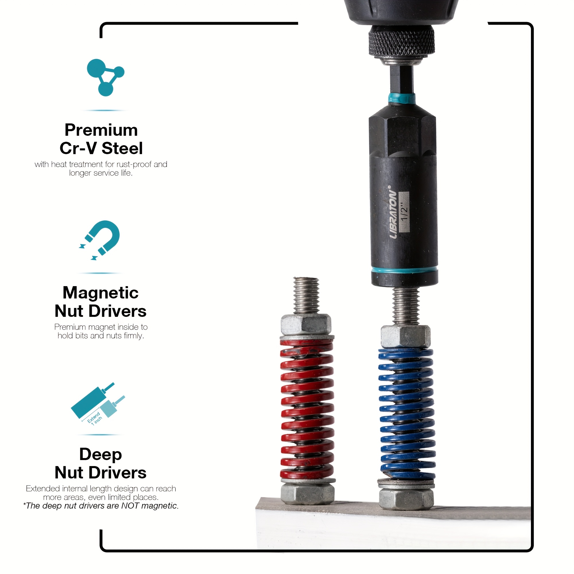 Juego de 16 piezas de desarmadores magnéticos y profundos para tuercas LIBRATON, de 1/4" a 9/16" y de 1/4" a 4/3" (3 pulgadas de largo), con vástago de 1/4" para cambio rápido, ideal para espacios reducidos, compatible con taladros de impacto - Imagen 6