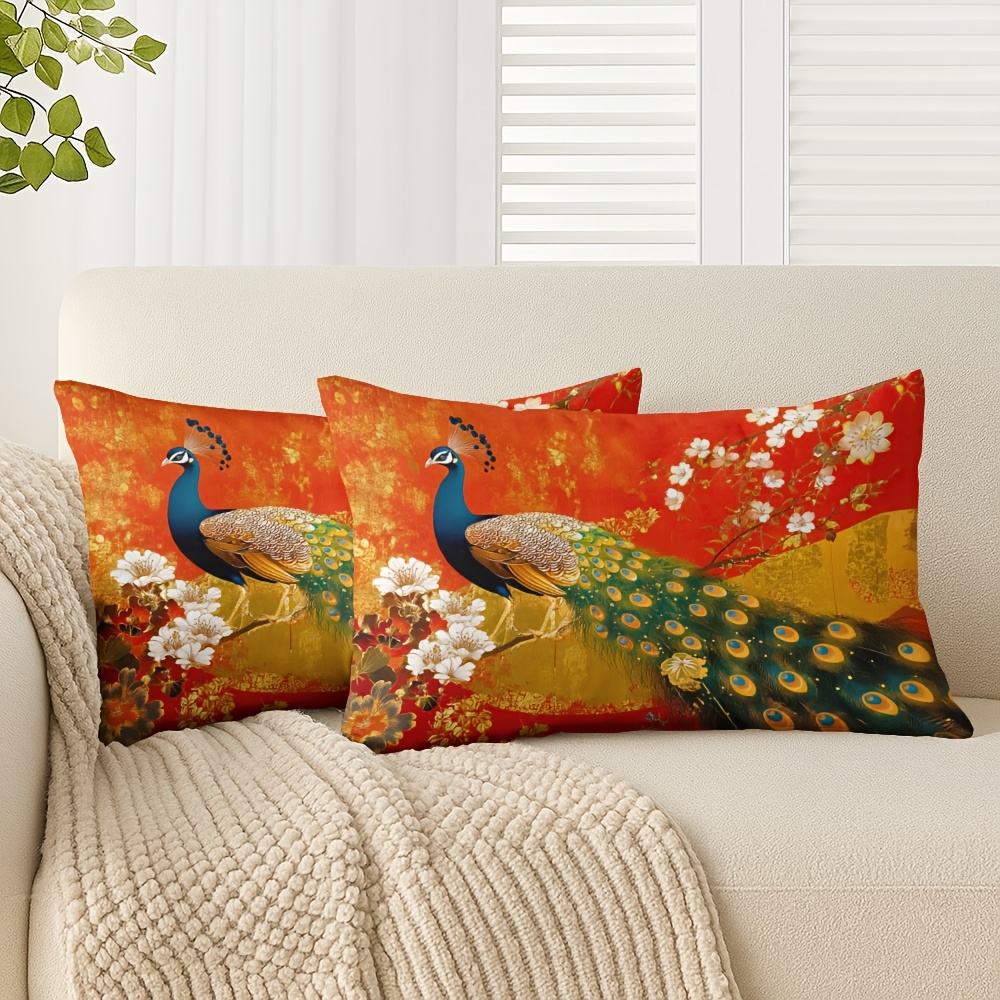 TEMU 2d Flat - 2pcs, 2d Flat, Throw Pillow Covers Holiday Gift New Year Stunning Japanese Design, Showcasing Peacock And Flowers, Measuring 12x20