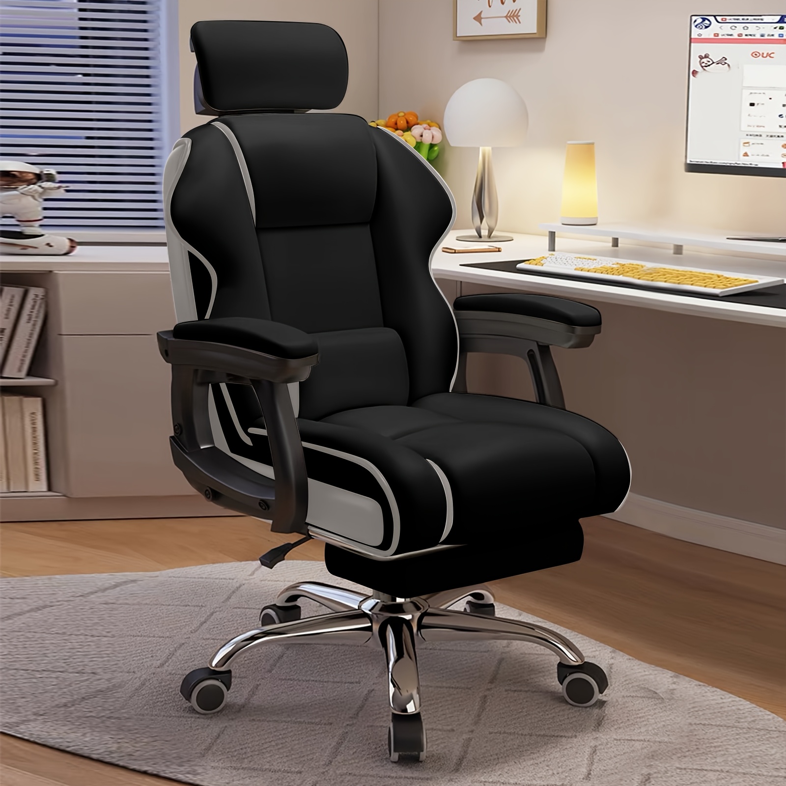 Image of Ergonomic Office Chair With Adjustable Height, Featuring, Cushioned , A Footrest, And A Comfortable Reclining Design, Ideal For