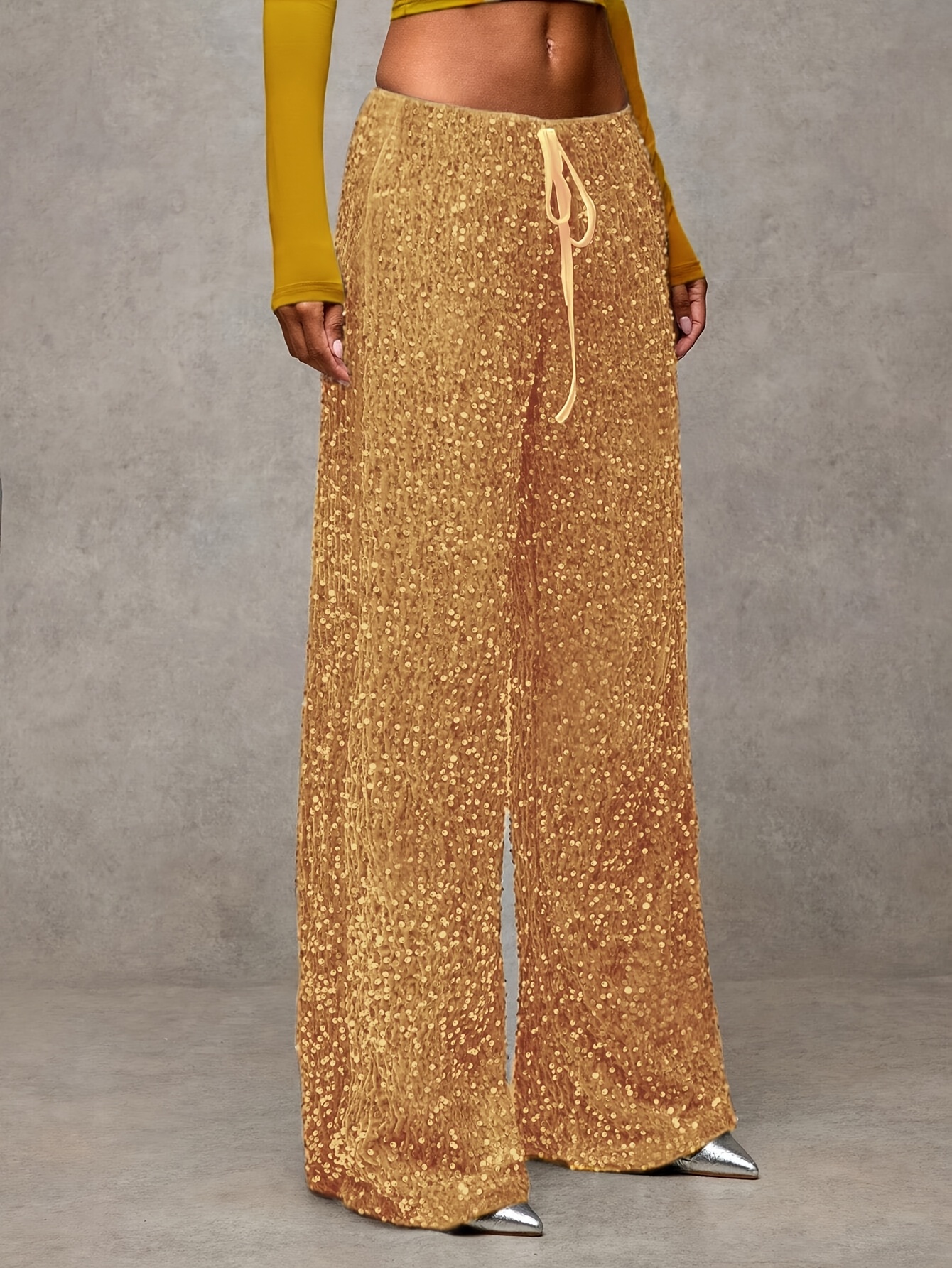 womens elastic waistband tie string sequined pants elegant directional style wy0831114