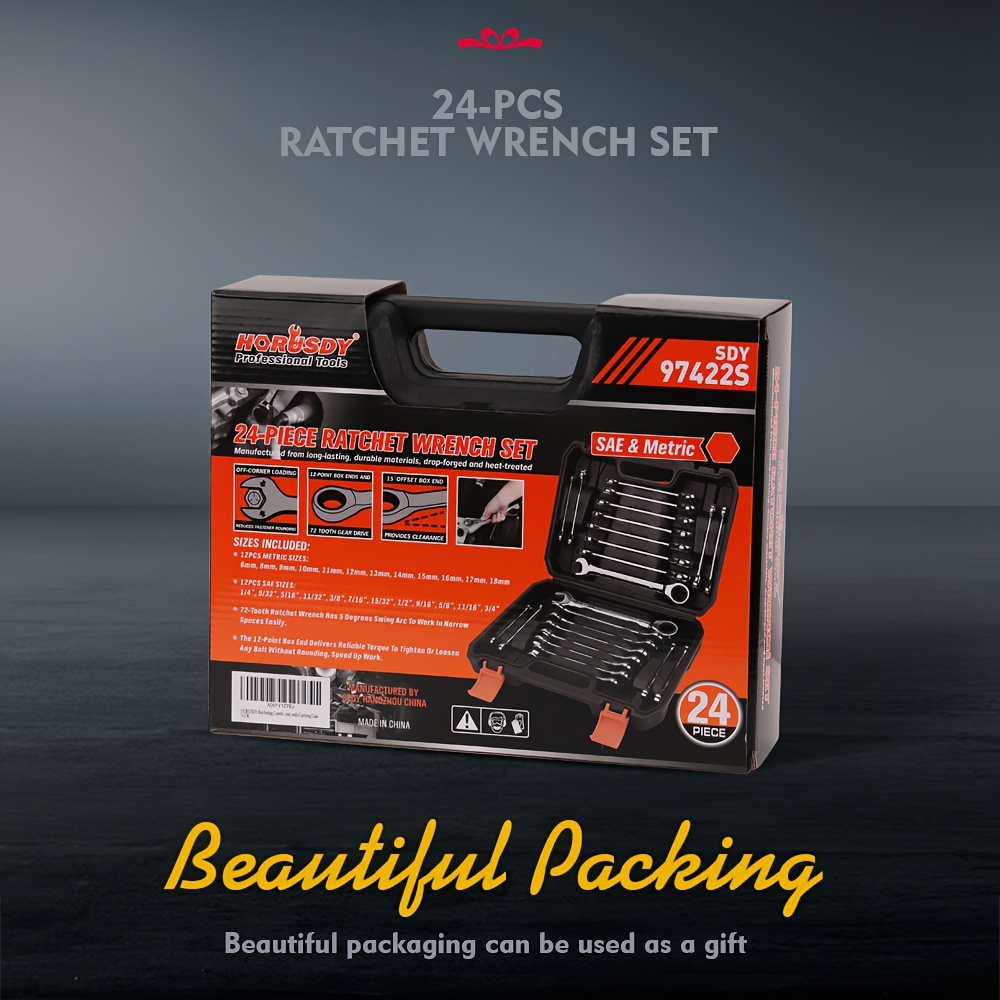 HORUSDY 24pcs Ratcheting Combination Wrench Set in SAE & Metric