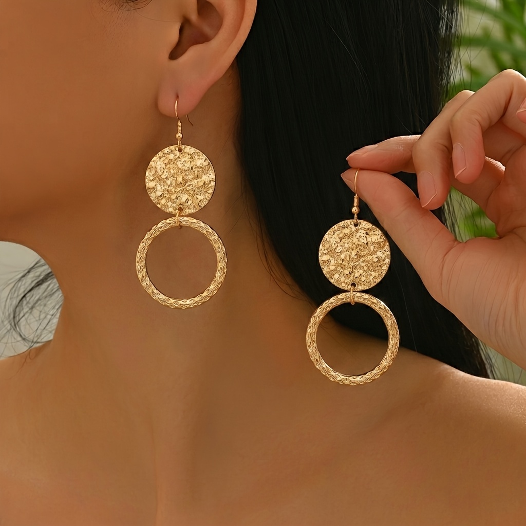 TEMU 1 Pair Of Golden Double-layer Textured Disc And Hoop Pendant Earrings, Modern Light . Features A Textured -convex Disc On Top And A Hoop On .