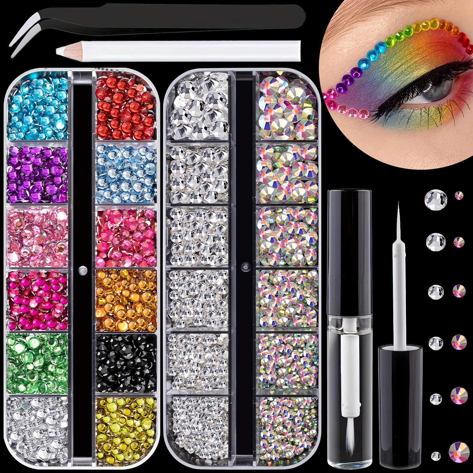 

Flat Back Rhinestone Kits Colorful Rhinestones+crystal Ab&transparent White Gems With Quick Dry Makeup Glue+picker Pencil+tweezer For Nail Art And Face Make-up