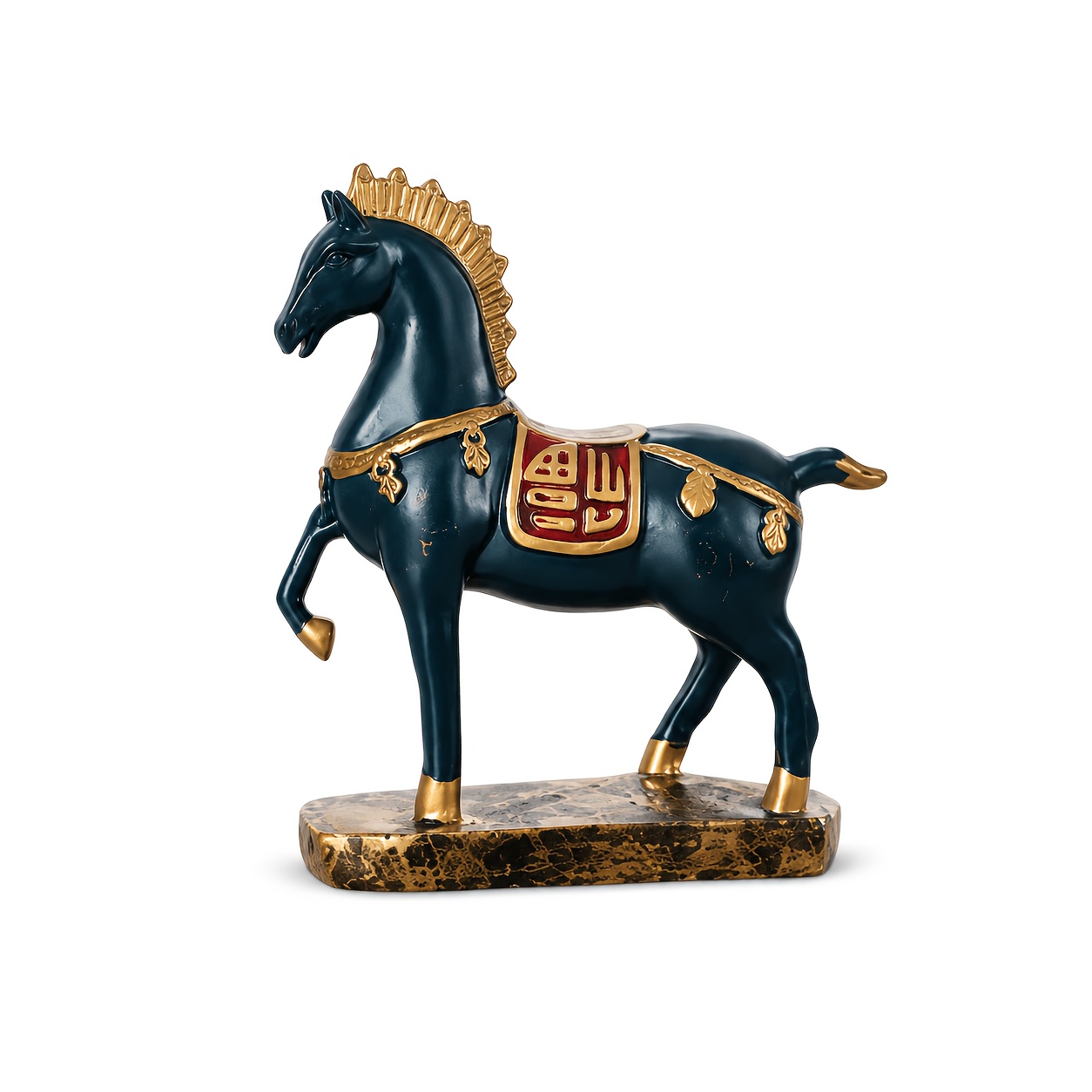 Image of Elegant Hand-painted Blue And Golden Horse Sculpture - Abstract Resin Decoration For Living Room, Desk, And Wine Cabinet With Golden Embellishment | Ideal Gift For