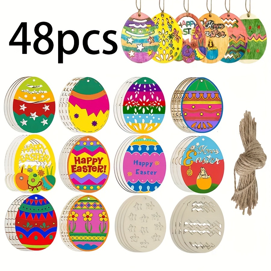 

48pcs Wooden Easter Egg Ornaments Kit, Blank Wood Slices For Painting, Diy Craft Set With For Easter Holiday Decorations, Uncharged Wooden Easter For Party